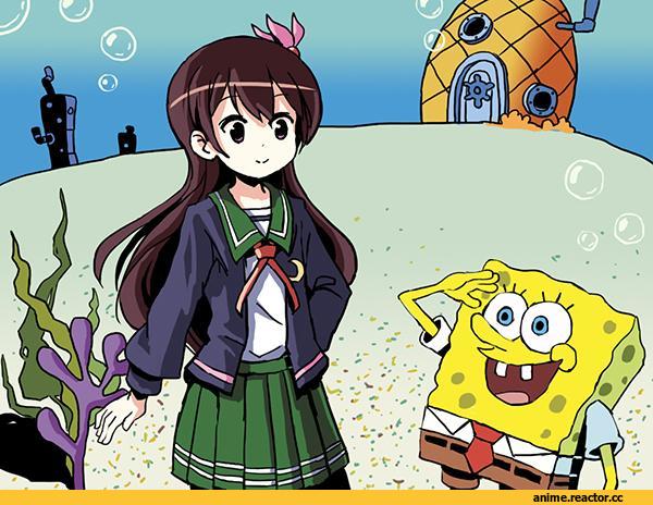 Kantai Collection, Губка Боб, Мультфильмы, crossover, Kisaragi (Kantai Collection), Anime