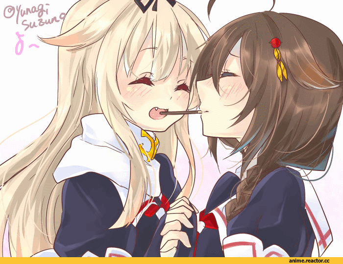 Shigure (Kantai Collection), Kantai Collection, Yuudachi, Pocky, Anime Гифки, joujou, Shoujo Ai, Anime