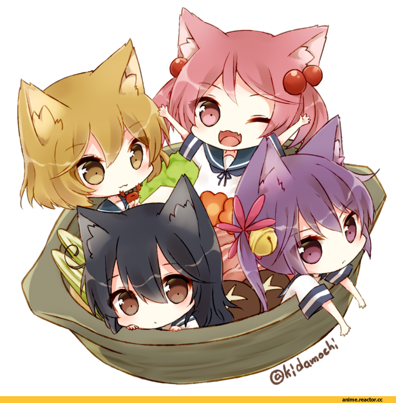 kidamochi, nekomimi, Animal Ears, chibi, Akebono, Kantai Collection, Oboro (Kantai Collection), Sazanami (Kantai Collection), Ushio (Kantai Collection), Anime