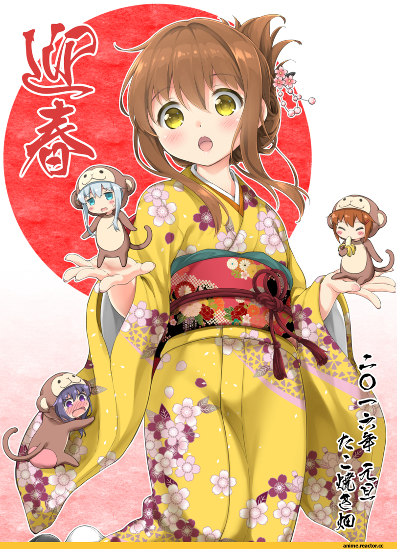 takoyaki (takoyaki-batake), Akatsuki, Kantai Collection, Hibiki (Kantai Collection), ikazuchi (kantai collection), Inazuma (Kantai Collection), chibi, Yukata, Anime