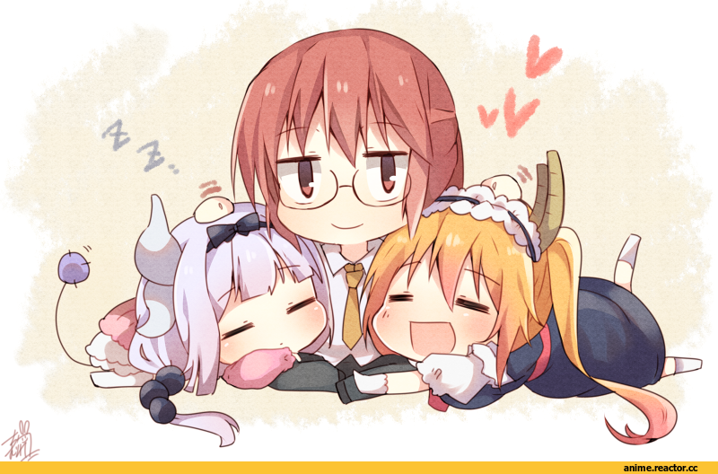 Kanna Kamui, Kobayashi-san Chi no Maid Dragon, Kobayashi (MaiDragon), Tooru (MaiDragon), omuretsu, Anime Art, chibi, Maid, Dragon Girl (Anime), Monster Girl (Anime), Anime