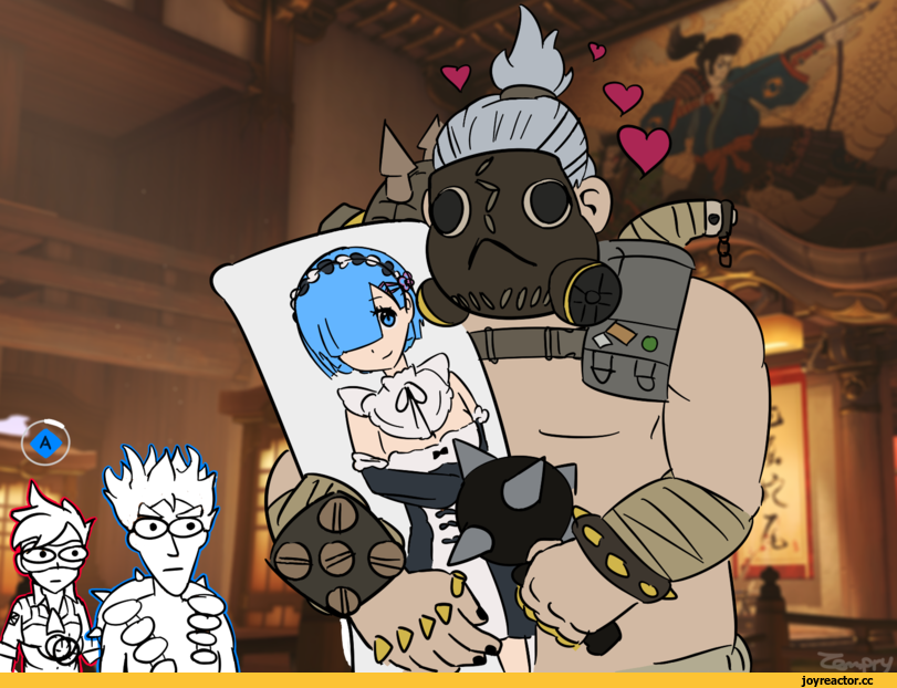 Overwatch, Blizzard, фэндомы, Overwatch art, crossover, Re Zero Kara Hajimeru Isekai Seikatsu, Roadhog, Rem (re zero), Tracer, Junkrat, Anime