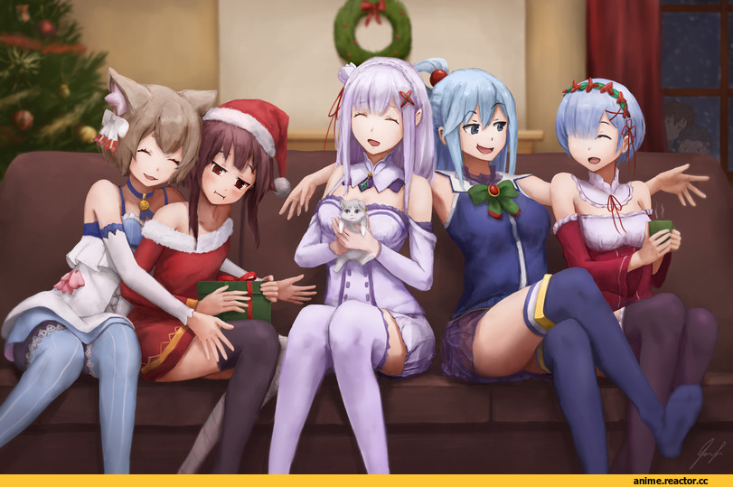 Aqua (KonoSuba), Megumin, Rem (re zero), Emilia (re zero), Satou Kazuma, Felix Argyle, Natsuki Subaru, Anime Christmas, crossover, isaac liew, Anime, KonoSuba, Re Zero Kara Hajimeru Isekai Seikatsu