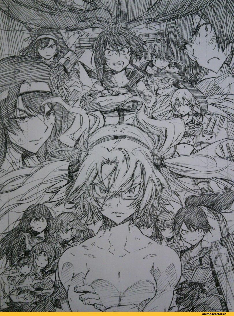 Monochrome (Anime), Anime Art, yamashiro (kantai collection), Shimakaze, Musashi (Kantai Collection), Houshou (Kantai Collection), Hibiki (Kantai Collection), Inazuma (Kantai Collection), Yamato (Kantai Collection), crossover, Anime, Kantai Collection, top wo nerae!, kojima takeshi, Ise, Hyuuga (Kantai Collection), Fusou