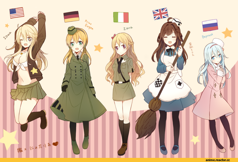 a (riduass023), Iowa (Kantai Collection), Zara (Kantai Collection), Prinz Eugen, Kantai Collection, Kongou (Kantai Collection), Verniy, crossover, axis powers hetalia, Anime