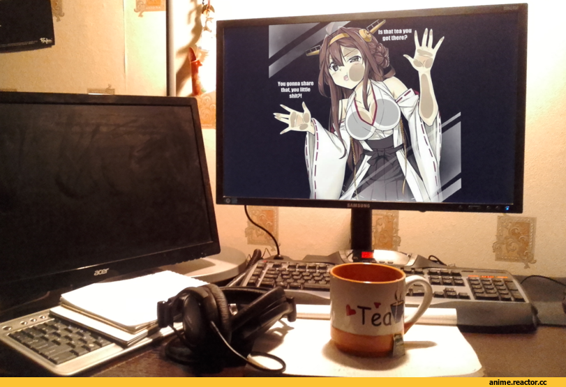 Kongou (Kantai Collection), Kantai Collection, рабочий стол, чай, сычевальня, mai waifu, little shit, Anime