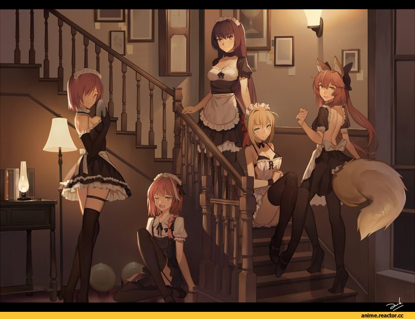 Caster (Fate/Extra), Rider of Black, Saber Extra, Scathach (Fate/grand order), Fate/Grand Order, Shielder (Fate/grand order), bianyuanqishi, Kitsune, Animal Ears, Maid, Anime, Fate (series), Fate/Extra, Fate/Apocrypha
