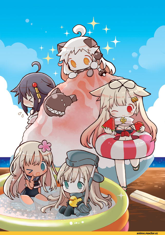 Anime Art, WishBone, Kantai Collection, Northern Ocean Hime, Shigure (Kantai Collection), Yuudachi, Ro-500 (Kantai Collection), U-511 (Kantai Collection), chibi, Anime