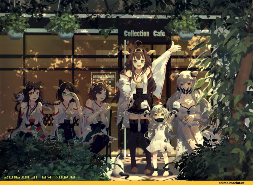Kantai Collection, Kongou (Kantai Collection), Kirishima (Kantai Collection), Haruna (Kantai Collection), Northern Ocean Hime, Midway Hime, w.r.b, Anime Ears, nekomimi, Anime