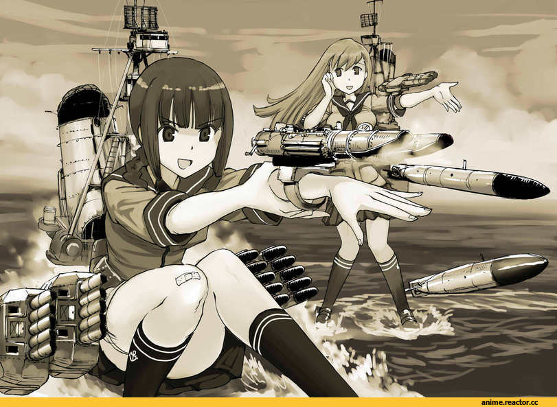 Kitakami (Kantai Collection), Kantai Collection, Ooi (Kantai Collection), Monochrome (Anime), Anime Art, nogami takeshi, Anime