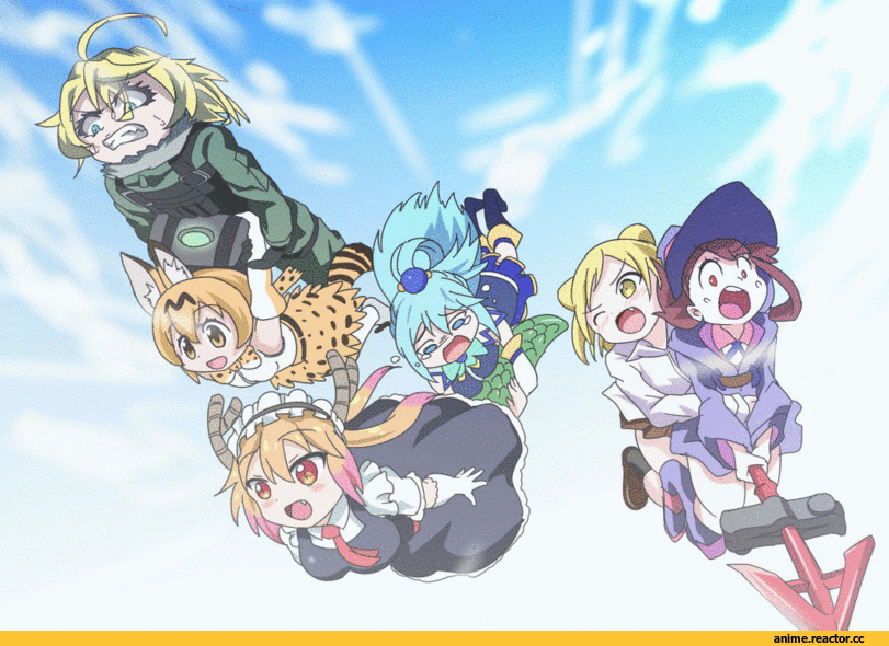 Aqua (KonoSuba), Tanya Degurechaff, Tooru (MaiDragon), Serval (Kemono Friends), Akko Kagari, Takanashi Hikari, Demi-chan wa Kataritai, Anime Гифки, crossover, jun (kiba feti), Anime, KonoSuba, Youjo Senki, Kobayashi-san Chi no Maid Dragon, Kemono Friends, Little Witch Academia