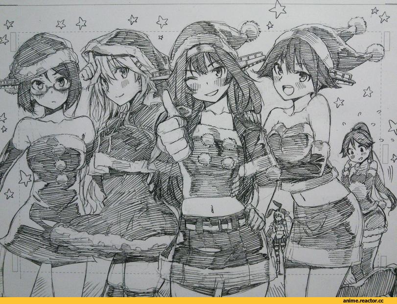 kojima takeshi, Kongou (Kantai Collection), Kantai Collection, Haruna (Kantai Collection), Hiei, Kirishima (Kantai Collection), Shimakaze, Houshou (Kantai Collection), Anime Christmas, Monochrome (Anime), Anime