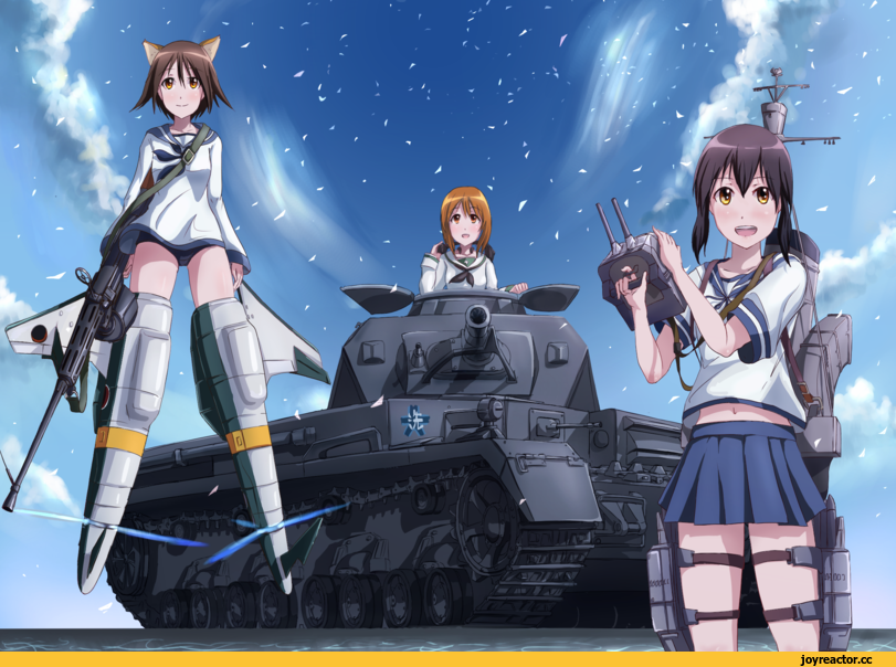 Strike Witches, фэндомы, Miho Nishizumi, Yoshika Miyafuji, Strike Witches Character, Fubuki (Kantai Collection), dai toro, crossover, Animal Ears, nekomimi, Anime, Girls und Panzer, Kantai Collection