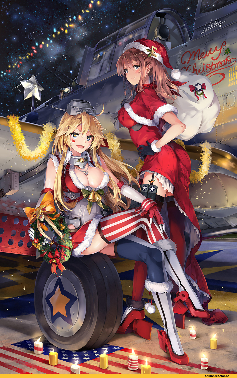 Iowa (Kantai Collection), Kantai Collection, Saratoga (Kantai Collection), neko (yanshoujie), Anime Art, Anime Christmas, Anime