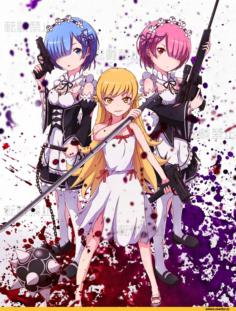 Re Zero Kara Hajimeru Isekai Seikatsu, Rem (re zero), Ram (Re Zero), Monogatari (Series), Oshino Shinobu, Опасные Няшки, Anime Няши, crossover, Anime