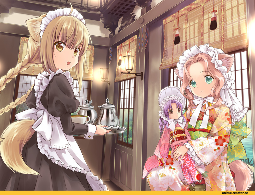 Anime Art, amano sakuya, konohana kitan, okiku (konohana kitan), yuzu (konohana kitan), ren (konohana kitan), Animal Ears, Kitsune, Maid, Anime