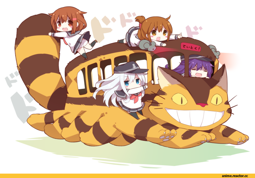 Watanohara, Inazuma (Kantai Collection), ikazuchi (kantai collection), Hibiki (Kantai Collection), Akatsuki, crossover, Миядзаки, мой сосед тоторо, chibi, котобус, Anime, Anime Art, Kantai Collection
