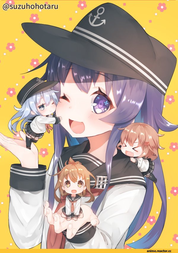 Anime Art, suzuho hotaru, Kantai Collection, Akatsuki, Hibiki (Kantai Collection), Inazuma (Kantai Collection), Ikazuchi, chibi, Anime