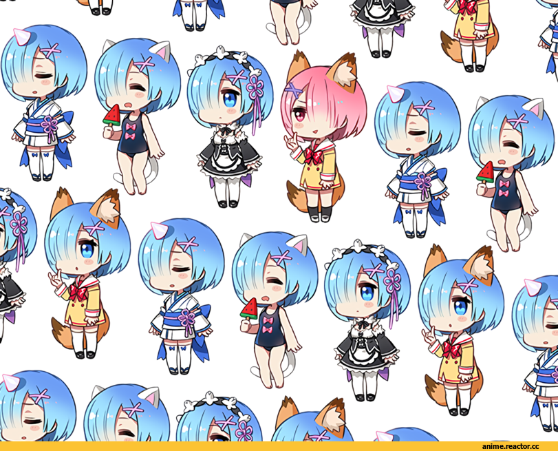 Re Zero Kara Hajimeru Isekai Seikatsu, Rem (re zero), Ram (Re Zero), Animal Ears, nekomimi, Kitsune, Ayami (Annahibi), Anime