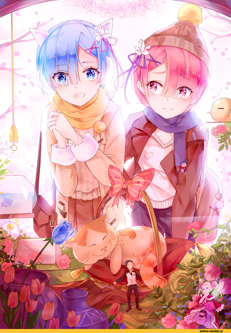 Re Zero Kara Hajimeru Isekai Seikatsu, Rem (re zero), Ram (Re Zero), Natsuki Subaru, Beatrice (Re Zero), Animal Ears, nekomimi, amicis (amisic), Anime