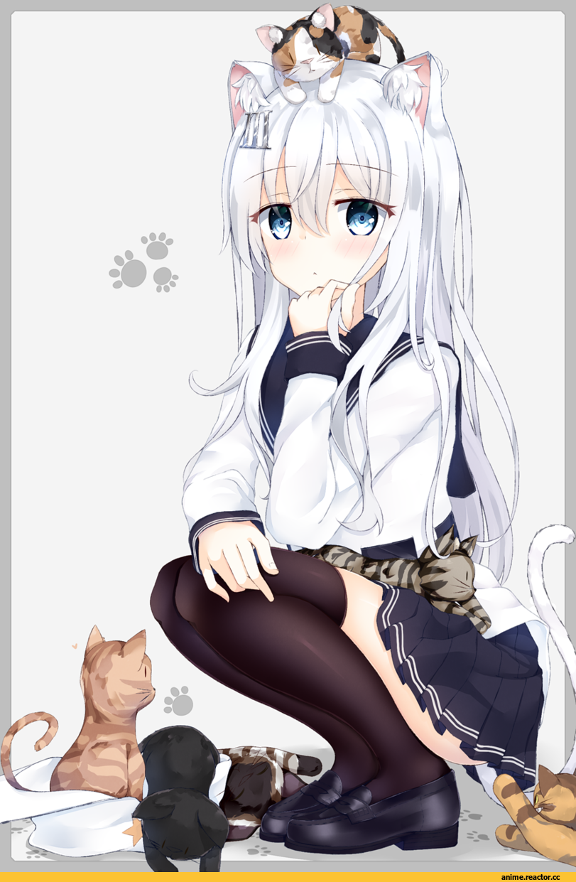 Anime Art, niruanu (nitayam), Kantai Collection, Hibiki (Kantai Collection), Animal Ears, neko, Anime