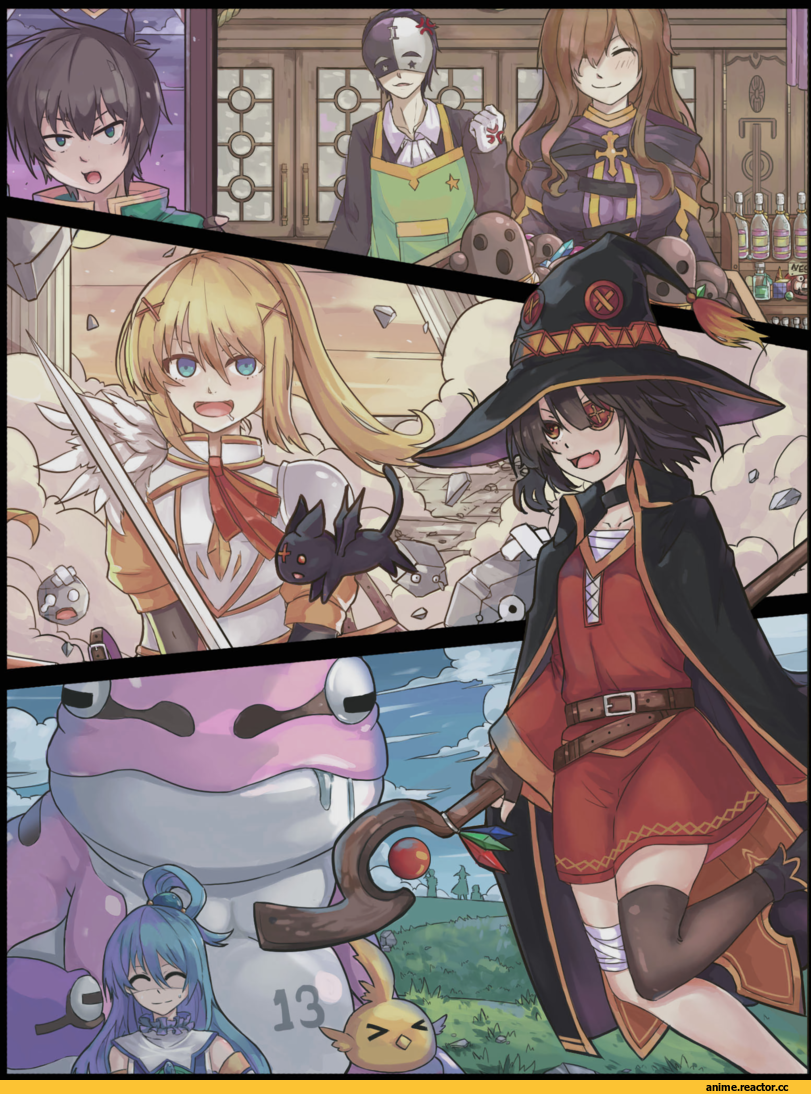 KonoSuba, chomusuke, Megumin, Aqua (KonoSuba), Darkness (KonoSuba), Satou Kazuma, Wiz (KonoSuba), vanir, Anime