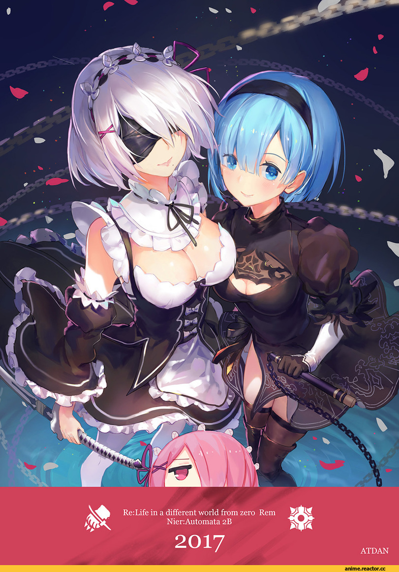 Re Zero Kara Hajimeru Isekai Seikatsu, NieR Automata, Rem (re zero), Ram (Re Zero), YoRHa Unit No. 2 Type B, ATdan, Anime Art, Игры, crossover, Anime