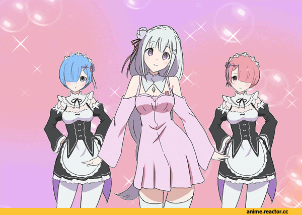 Anime Гифки, Re Zero Kara Hajimeru Isekai Seikatsu, Musaigen no Phantom World, crossover, Rem (re zero), Ram (Re Zero), Emilia (re zero), Anime