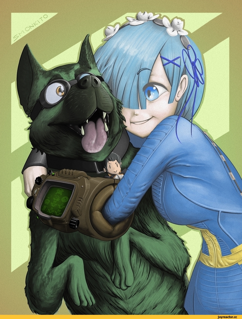 Rem (re zero), Re Zero Kara Hajimeru Isekai Seikatsu, Dogmeat, Fallout существа, Fallout, фэндомы, Fallout art, crossover, Anime