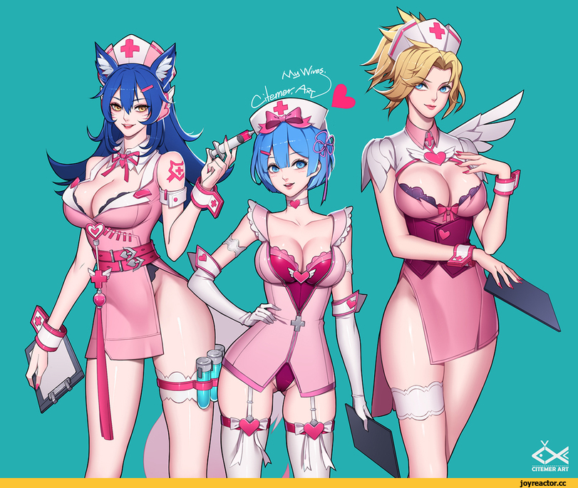 Blizzard, Rem (re zero), Ahri, Mercy (Overwatch), Citemer, artist, Anime Ero, LoL Ero, Overwatch Ero, crossover, Anime, Re Zero Kara Hajimeru Isekai Seikatsu, League of Legends, фэндомы, Overwatch