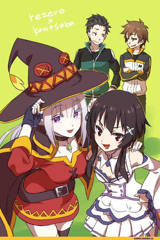 Re Zero Kara Hajimeru Isekai Seikatsu, Emilia (re zero), Satou Kazuma, KonoSuba, Natsuki Subaru, Megumin, crossover, Anime