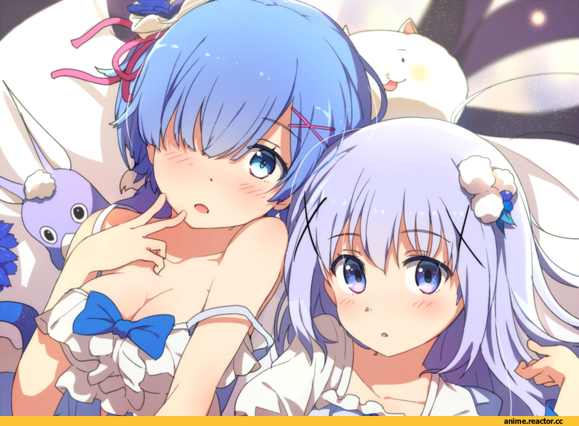 Re Zero Kara Hajimeru Isekai Seikatsu, Rem (re zero), Gochuumon wa Usagi Desu ka?, Kafuu Chino, crossover, Ogipote, Anime Art, Anime