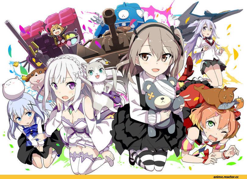 Emilia (re zero), Freyja Wion, Kafuu Chino, Shimada Arisu, Girls und Panzer, Tachikoma, Ghost in the Shell, toudou kirin, gochou (atemonai heya), crossover, Anime, Re Zero Kara Hajimeru Isekai Seikatsu, Macross Delta, Macross, Gochuumon wa Usagi Desu ka?