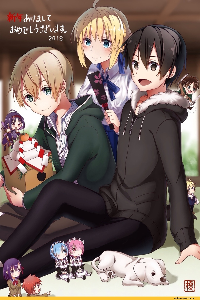 Kirito, Konno Yuuki, Rem (re zero), Ram (Re Zero), Saber (Fate), Kekkai Sensen, Levi, chibi, crossover, enokimo me, Anime, Sword Art Online, Re Zero Kara Hajimeru Isekai Seikatsu, Fate (series), Shingeki no Kyojin, Black (Kekkai Sensen)