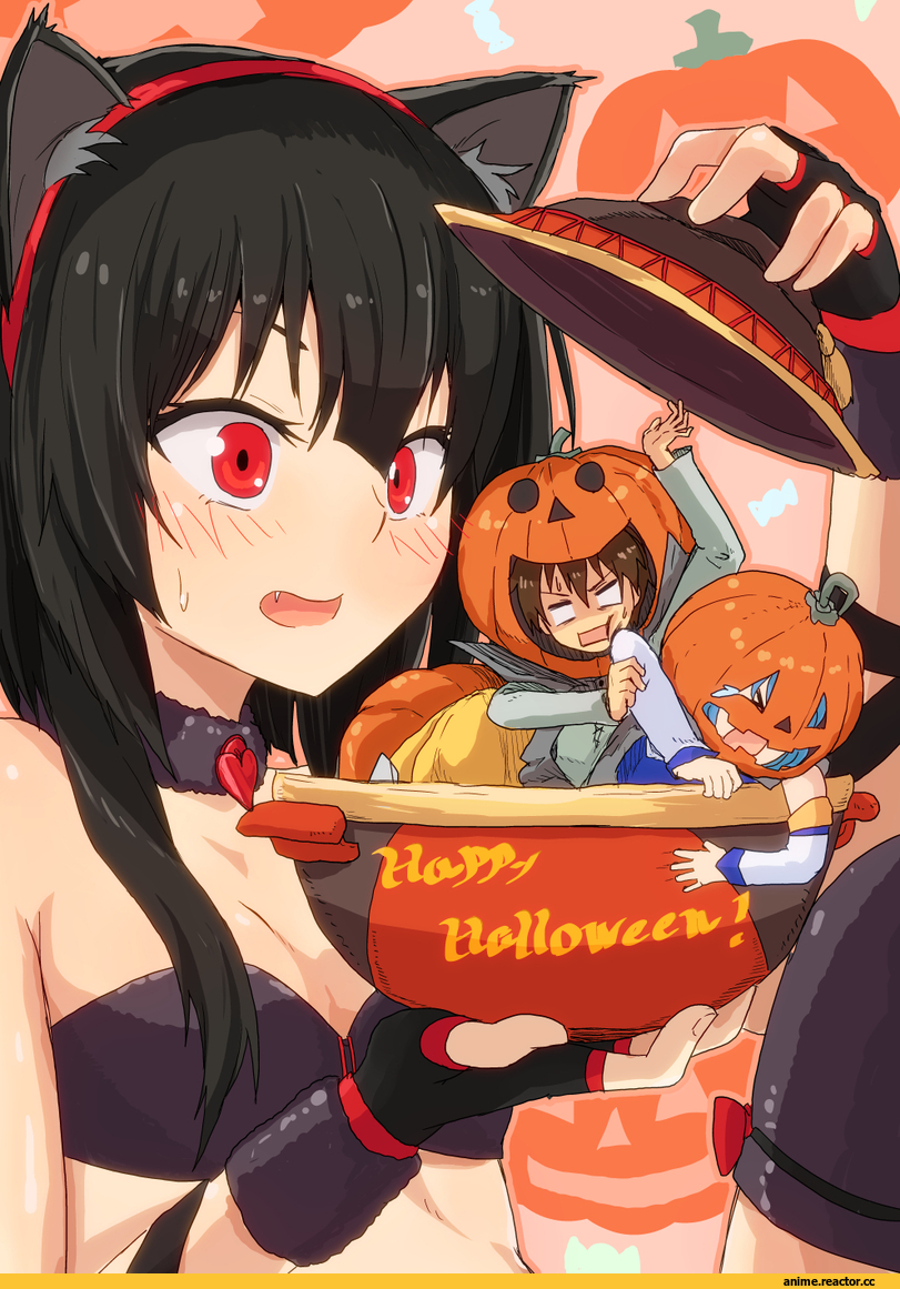 KonoSuba, Aqua (KonoSuba), Megumin, Satou Kazuma, kyouwa, Anime Halloween, neko, Animal Ears, Anime