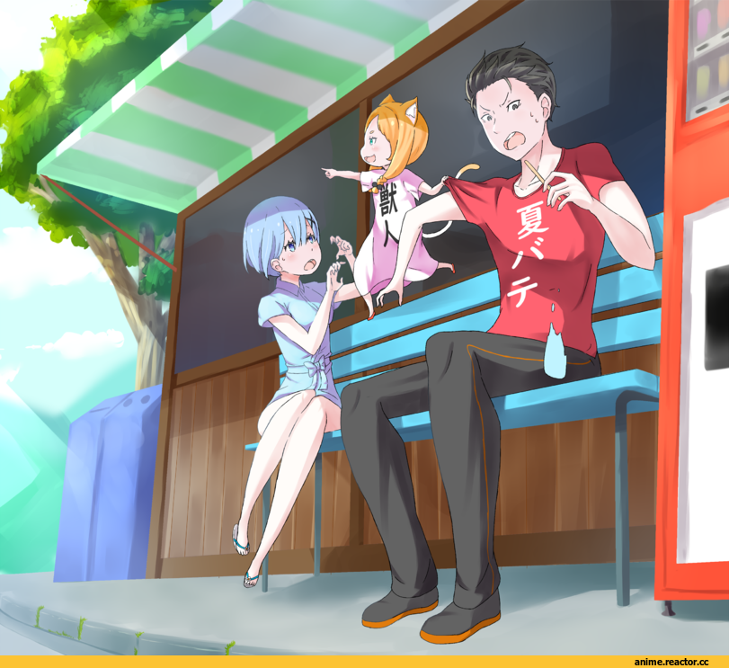 Re Zero Kara Hajimeru Isekai Seikatsu, Rem (re zero), Ram (Re Zero), Natsuki Subaru, mimi pearlbaton, nekomimi, Animal Ears, Anime