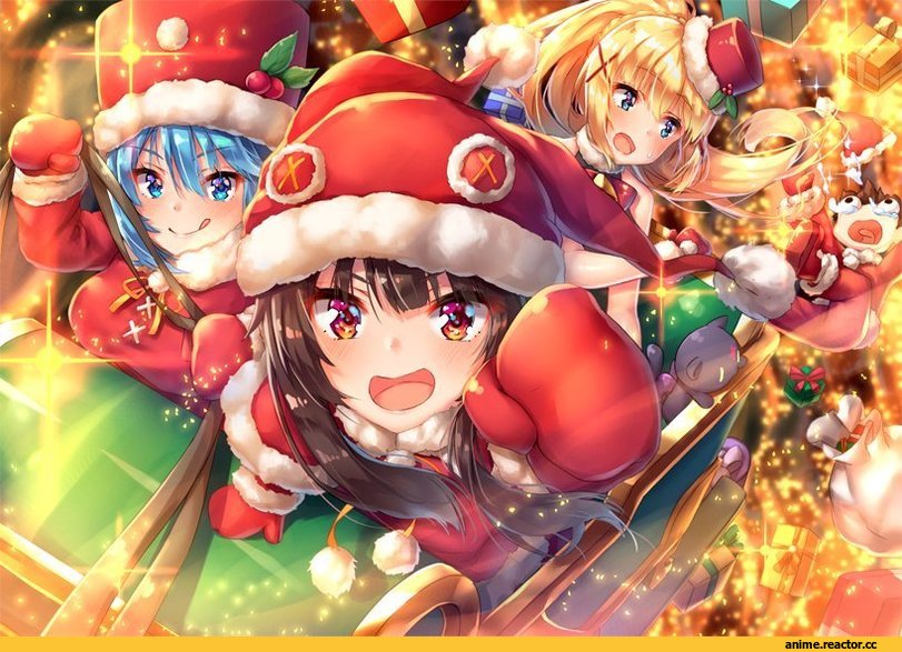 Anime Art, KonoSuba, Megumin, Aqua (KonoSuba), Darkness (KonoSuba), pensuke, Anime Christmas, Kazuma Satou, Anime