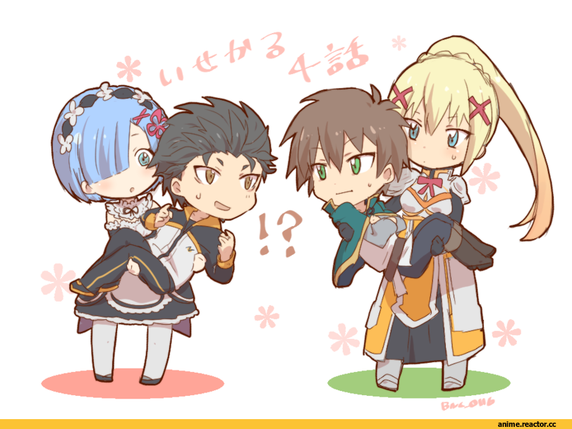 Isekai Quartet, Darkness (KonoSuba), KonoSuba, Natsuki Subaru, Re Zero Kara Hajimeru Isekai Seikatsu, Rem (re zero), Satou Kazuma, crossover, chibi, banchii, Anime