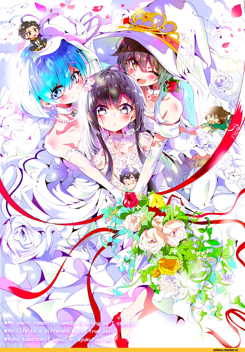 Re Zero Kara Hajimeru Isekai Seikatsu, Rem (re zero), Megumin, Yukinoshita Yukino, Natsuki Subaru, Satou Kazuma, Hikigaya Hachiman, crossover, Anime Art, Aloe 04maho, Anime, KonoSuba, OreGairu