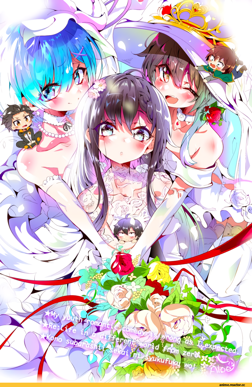 Re Zero Kara Hajimeru Isekai Seikatsu, Rem (re zero), Megumin, Yukinoshita Yukino, Natsuki Subaru, Satou Kazuma, Hikigaya Hachiman, crossover, Anime Art, Aloe 04maho, Anime, KonoSuba, OreGairu