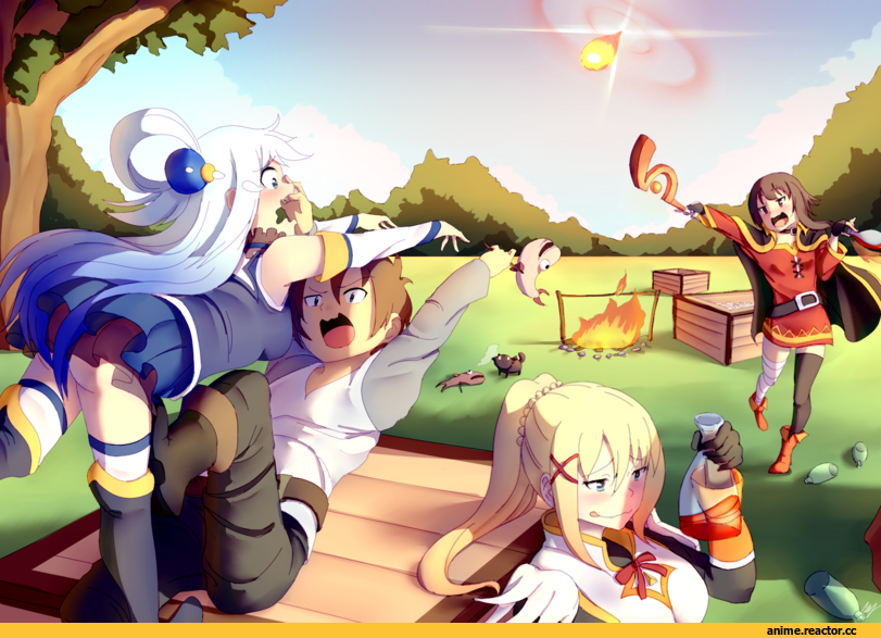 Anime Art, salmonjelly, KonoSuba, Satou Kazuma, Aqua (KonoSuba), Darkness (KonoSuba), Megumin, Anime