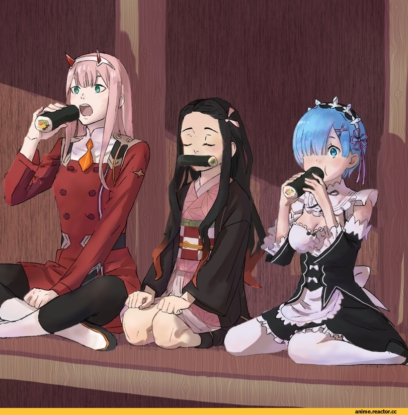 Kamado Nezuko, Kimetsu no Yaiba, Rem (re zero), Re Zero Kara Hajimeru Isekai Seikatsu, Zero Two (Darling in the Franxx), Darling In The Franxx, pixiv id 42717133, Anime